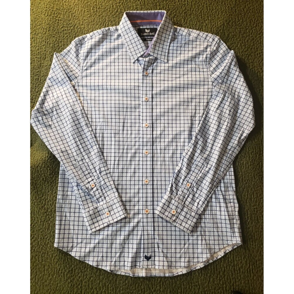 Buttercloth Shirt Men MEDIUM Blue Plaid Cotton Regular Fit Long Sleeve Button